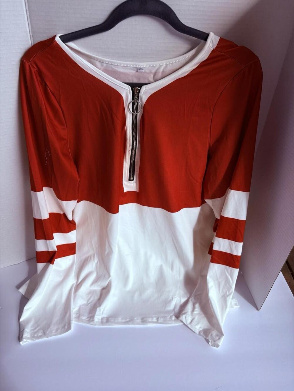 Red White Colorblock Zip Front Long Sleeve Round Neck Top Size XXL